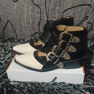 TOGA Pulla Black and White Buckle Ankle Booties